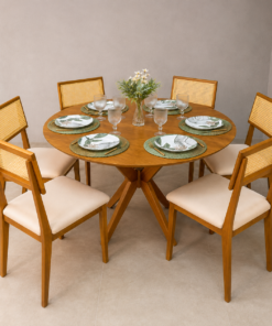 Mesa Serena 1.20×1.20 + 6 Cadeiras Ava linho bege – madeira maciça