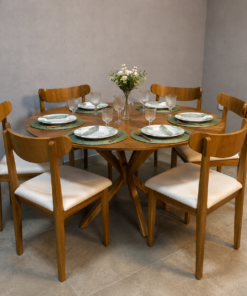 Mesa Serena 1.20x1.20 + 6 Cadeiras Aurora Linho bege – madeira maciça