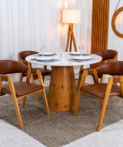 Mesa de Jantar Paris Cone 1.10m Redonda Vidro Off Base Madeira Minas Plac + 4 Cadeiras Gaia Corino Caramelo 300 - Prensar