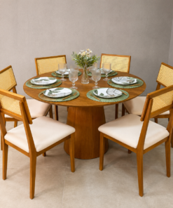 Mesa Cone 1.20×1.20 + 6 Cadeiras Ava linho bege – madeira maciça