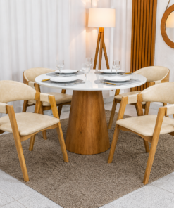 Mesa de Jantar Paris Cone 1.10m Redonda Vidro Off Base Madeira Minas Plac + 4 Cadeiras Gaia Corino Creme bege– Prensar