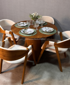 Mesa Cone 1.10×1.10 + 4 Cadeiras Luna Linho Bege – madeira maciça