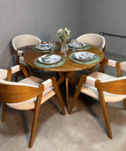 Mesa Serena 1.10×1.10 + 4 Cadeiras Luna Linho bege – madeira maciça