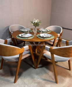 Mesa Serena 1.10x1.10 + 4 Cadeiras Luna Linho cinza - madeira maciça