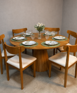 Mesa Cone 1.20×1.20 + 6 Cadeiras Aurora linho bege – madeira maciça