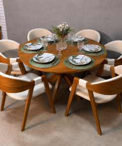 Mesa Serena 1.20x1.20 + 6 Cadeiras Luna Linho bege – madeira maciça