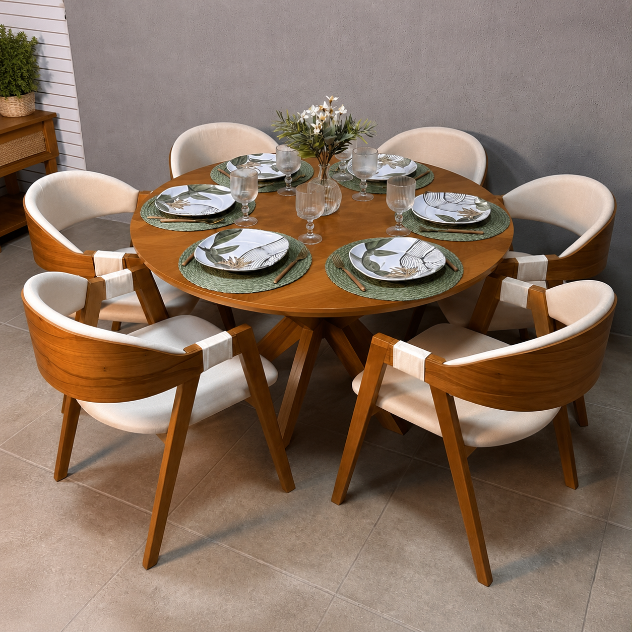 Mesa Serena 1.20x1.20 + 6 Cadeiras Luna Linho bege – madeira maciça