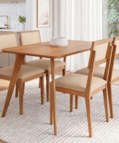 Mesa Acerola 130 (S/Vidro) Madeira/Off White com 4 Cadeiras Encanto Linho Bege – CIMOL