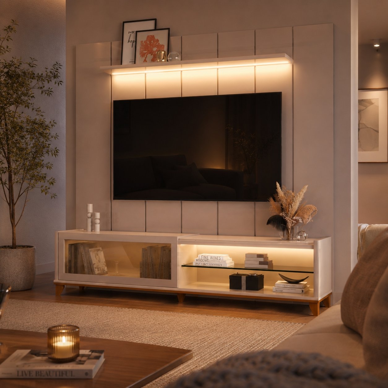 Painel até 75″ Lumi 2,19 m + Rack Vellaro 2,18 m Off White – EDN MÓVEIS