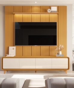 Painel até 75″ Lumi 2,19 m Cedro + Rack Liv 2,18 m Cedro/Off White – EDN MÓVEIS
