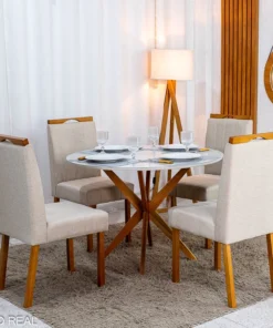 Mesa de Jantar Vegas 1.10m Redonda Vidro Off Base Madeira Minas Plac + 4 Cadeiras Isabela Linho Bege 01 Madeira KM Decor - Entregue Montada