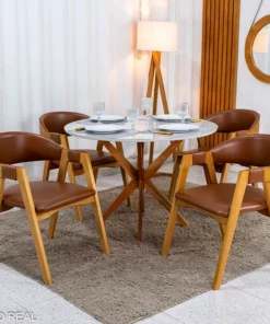 Mesa de Jantar Vegas 1.10m Redonda Vidro Off Base Madeira Minas Plac + 4 Cadeiras Gaia Corino Caramelo 300 - Prensar