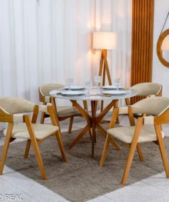 Mesa de Jantar Vegas 1.10m Redonda Vidro Off Base Madeira Minas Plac + 4 Cadeiras Gaia Corino Creme 307 - Prensar