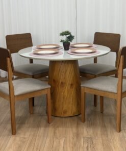 Mesa de Jantar Paris Circular 1.10×1.10 c/4 Cadeiras Ana – Cinamomo/Off White/Bege Linho