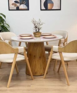 Mesa de Jantar Paris Circular 1.10×1.10 c/4 Cadeiras Pérola Concha – Cinamomo/Off White/Bege Linho