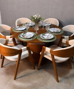 Mesa Cone 1.20×1.20 + 6 Cadeiras Luna Linho Bege – madeira maciça