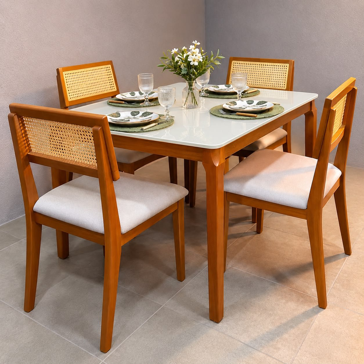 Mesa de Jantar Alegra 120cm×80cm – Cinamomo C/Vidro + 4 Cadeiras Ava Madeira Maciça - Linho - Bege, Cinza e Marrom