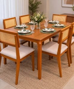Mesa de Jantar Alegra 160cm×80cm – Cinamomo S/ Vidro + 6 Cadeiras Ava Madeira Maciça - Linho - Bege, Cinza e Marrom