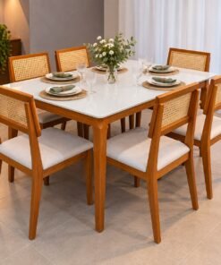 Mesa de Jantar Alegra 160cm×80cm – Cinamomo C/ Vidro + 6 Cadeiras Ava Madeira Maciça - Linho - Bege, Cinza e Marrom