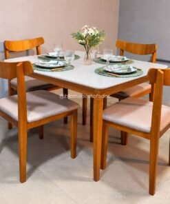 Mesa de Jantar Alegra 120cm×80cm – Cinamomo C/ Vidro + 4 Cadeiras Ava Madeira Maciça - Linho -  Bege, Cinza e Marrom
