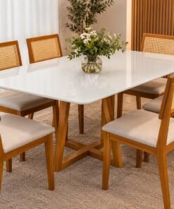 Mesa de Jantar Bali 160cm×80cm C/ Vidro Off/Base Madeira + 6 Cadeiras Ava Madeira Maciça - Linho - Bege, Marrom e Cinza
