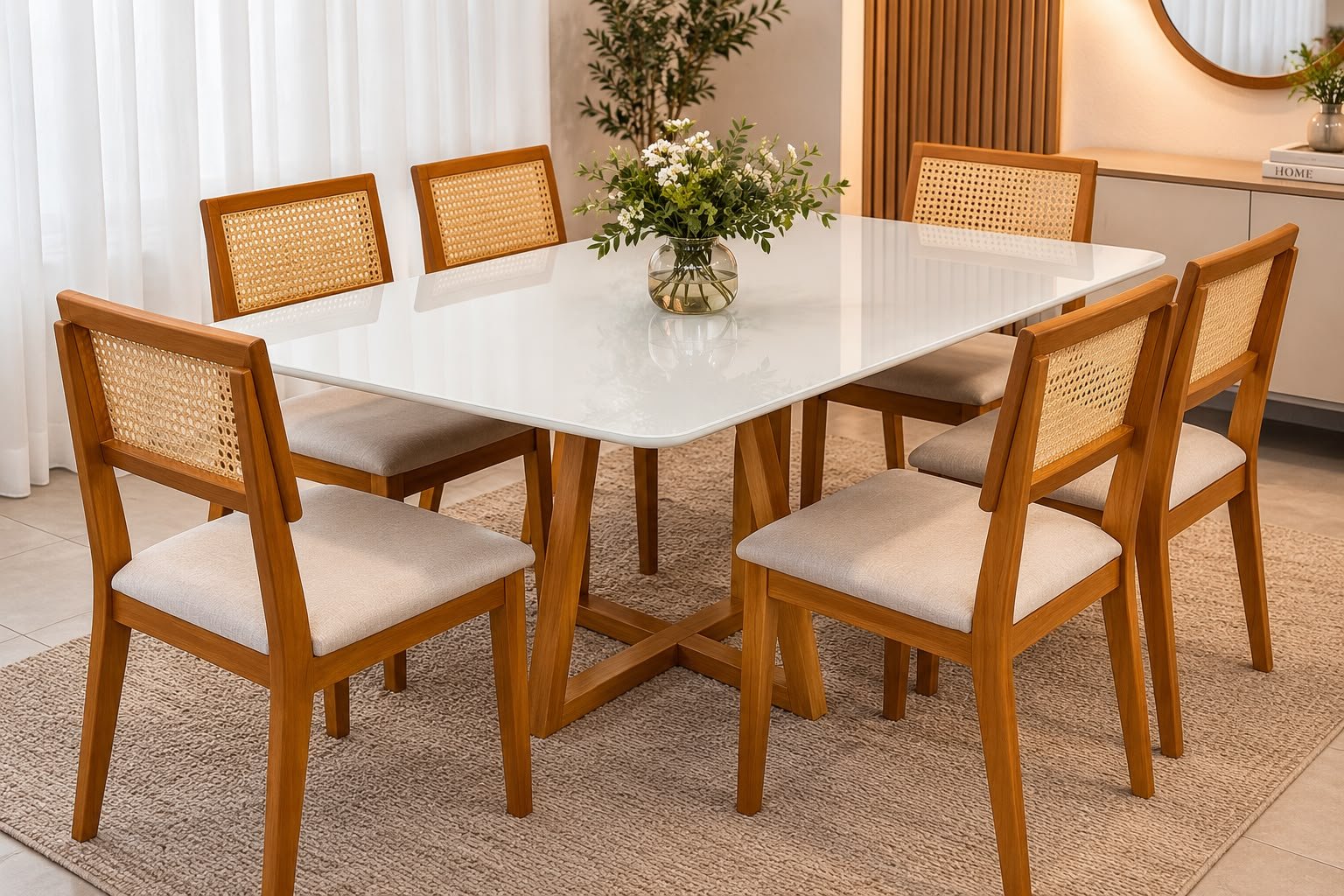 Mesa de Jantar Bali 160cm×80cm C/ Vidro Off/Base Madeira + 6 Cadeiras Ava Madeira Maciça - Linho - Bege, Marrom e Cinza