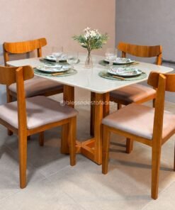 Mesa de Jantar Bali 120cm×80cm C/ Vidro Off/Base Madeira + 4 Cadeiras Aurora Madeira Maciça - Linho - Bege, Marrom e Cinza