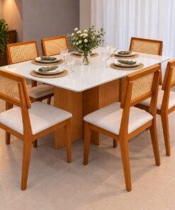 Mesa de Jantar Moscou 160cmx80cm Vidro + 6 Cadeiras Ava Madeira Maciça - Linho - Bege, Cinza e Marrom