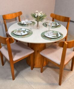 Mesa de Jantar Paris Circular C/ Vidro 110cm – Cinamomo/Off White+ 4 Cadeiras Aurora Madeira Maciça - Linho - Bege, Cinza e Marrom
