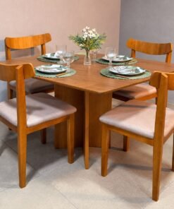 Mesa de Jantar Salinas 120cm×80cm – Cinamomo S/ Vidro + 4 Cadeiras Aurora Madeira Maciça - Linho - Bege, Cinza e Marrom