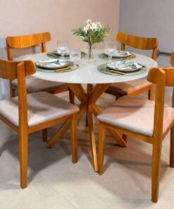 Mesa de Jantar Vegas Circular 110cm×110cm – Cinamomo/Off White + 4 Cadeiras Aurora Madeira Maciça - Linho - Bege, Marrom e Cinza