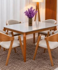 Conjunto Mesa Alegra 1,20m x 0,80m Cinamomo/Off White com Vidro + 4 Cadeiras Luna