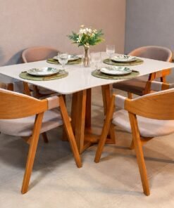 Conjunto Mesa Bali 1,20m x 0,80m Vidro Off White com Base Madeira + 4 Cadeiras Luna
