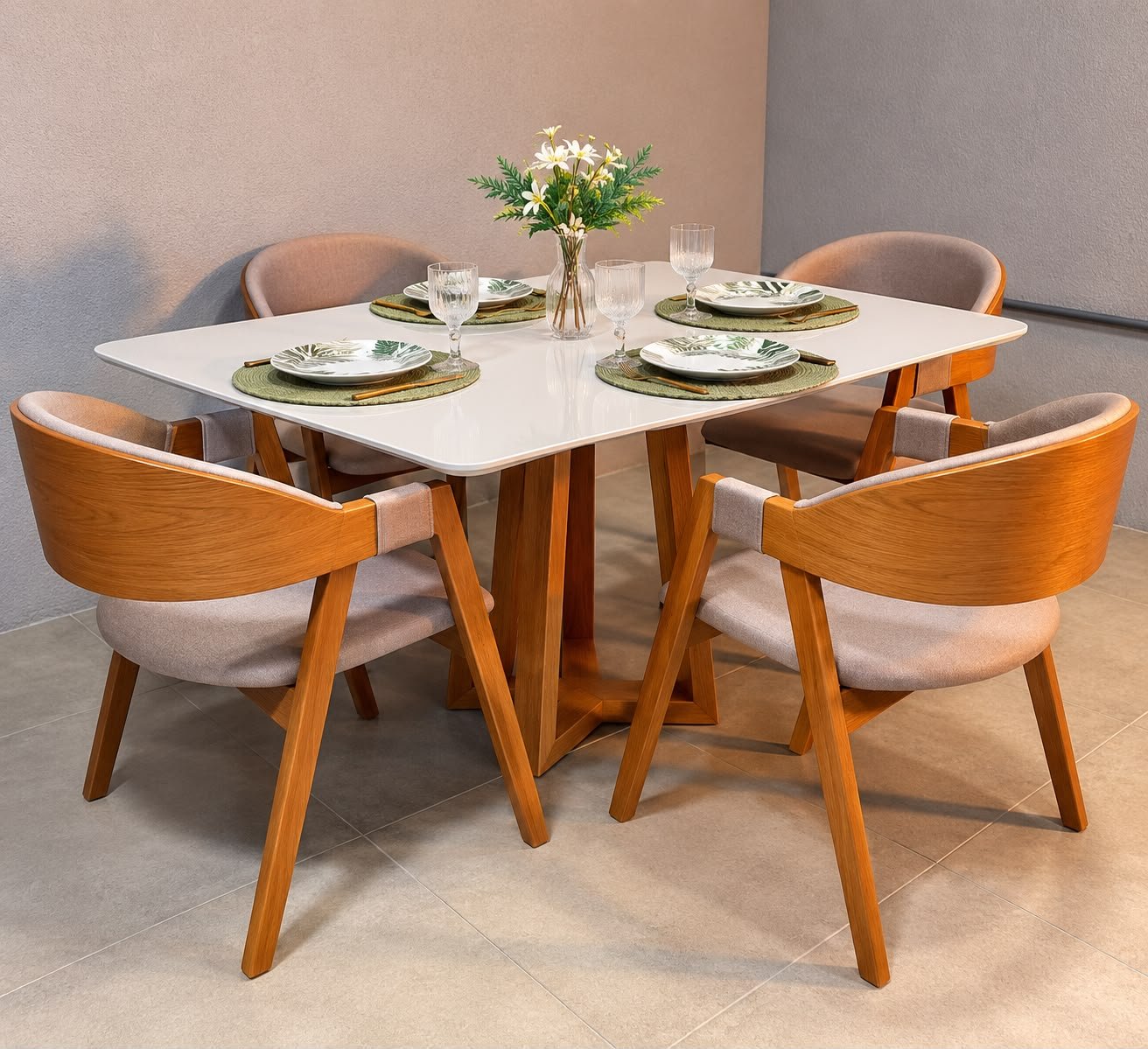 Conjunto Mesa Bali 1,20m x 0,80m Vidro Off White com Base Madeira + 4 Cadeiras Luna