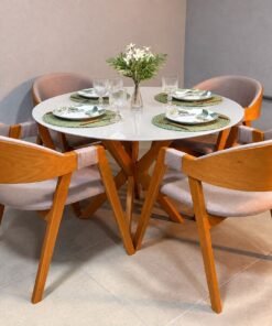 Conjunto Mesa Vegas Circular 1,10m Cinamomo/Off White com Vidro + 4 Cadeiras Luna