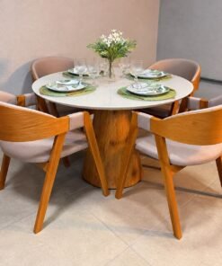 Conjunto Mesa Paris Circular 1,10m Cinamomo/Off White com Vidro + 4 Cadeiras Luna