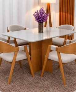 Conjunto Mesa Moscou 1,20m x 0,80m Vidro Off White Base Cinamomo + 4 Cadeiras Luna