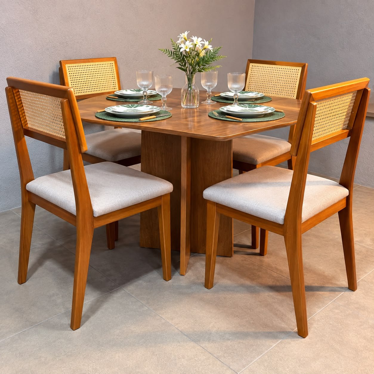 Mesa Salinas 120cm (Tampo Londres s/ vidro) Cinamomo + 4 Cadeiras Ava Madeira Maciça - Linho - Bege, Cinza e Marrom