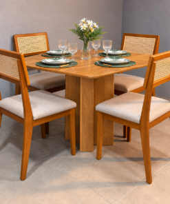 Mesa Recife 120cm (Tampo Londres s/ vidro) Cinamomo + 4 Cadeiras Ava Madeira Maciça – Linho – Bege, Cinza e Marrom